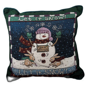 Vintage Needlepoint Snowman Christmas Pillow Tapestry Let it Snow Velvet Back